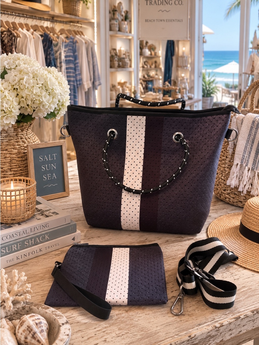 Striped Charcoal and White Tote Bag with Wristlet and Crossbody Strap